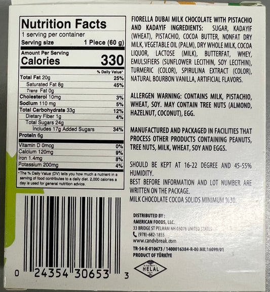 Fiorella Dubai Chocolate Bar, Pistachios - Kataifi 60g- 1100015874