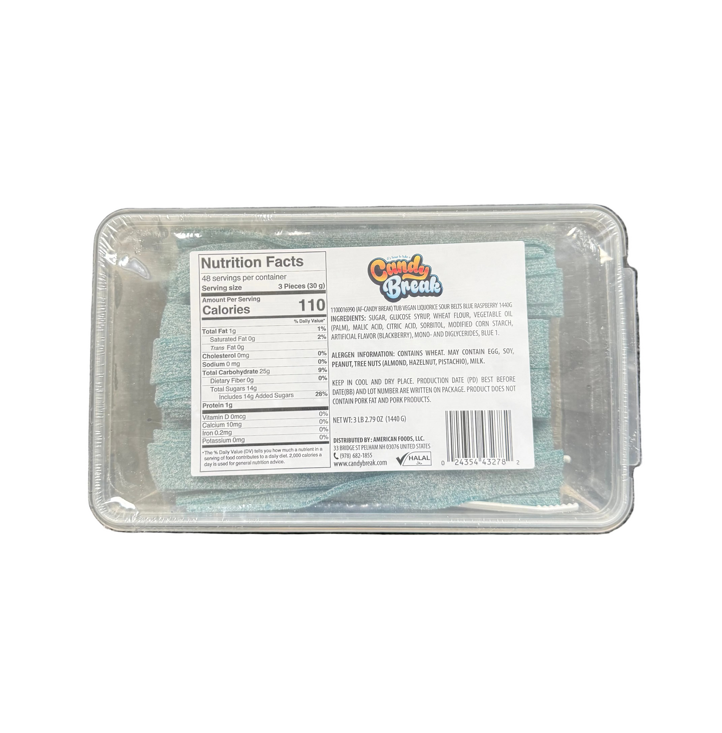 Candy Break Tub Vegan Liquorice Sour Blue Raspberry Belts 1440Gr (1X8) - 1100016990