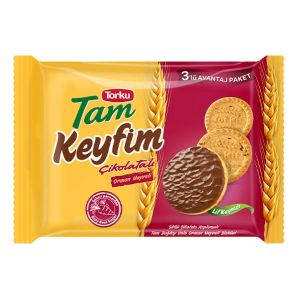 TORKU KEYFIM CHOCOLATE COATED BISCUIT W FOREST FRUIT (RUSEMYLI ORMAN MEYVELI) 3PCS X 84GR X 8