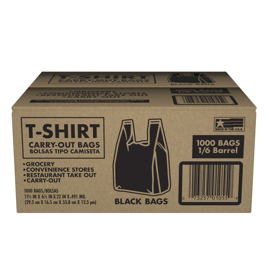 Husky Black T-Shirt Carryout Bags, 11.5" x 6.5" x 22" 1000 ct.