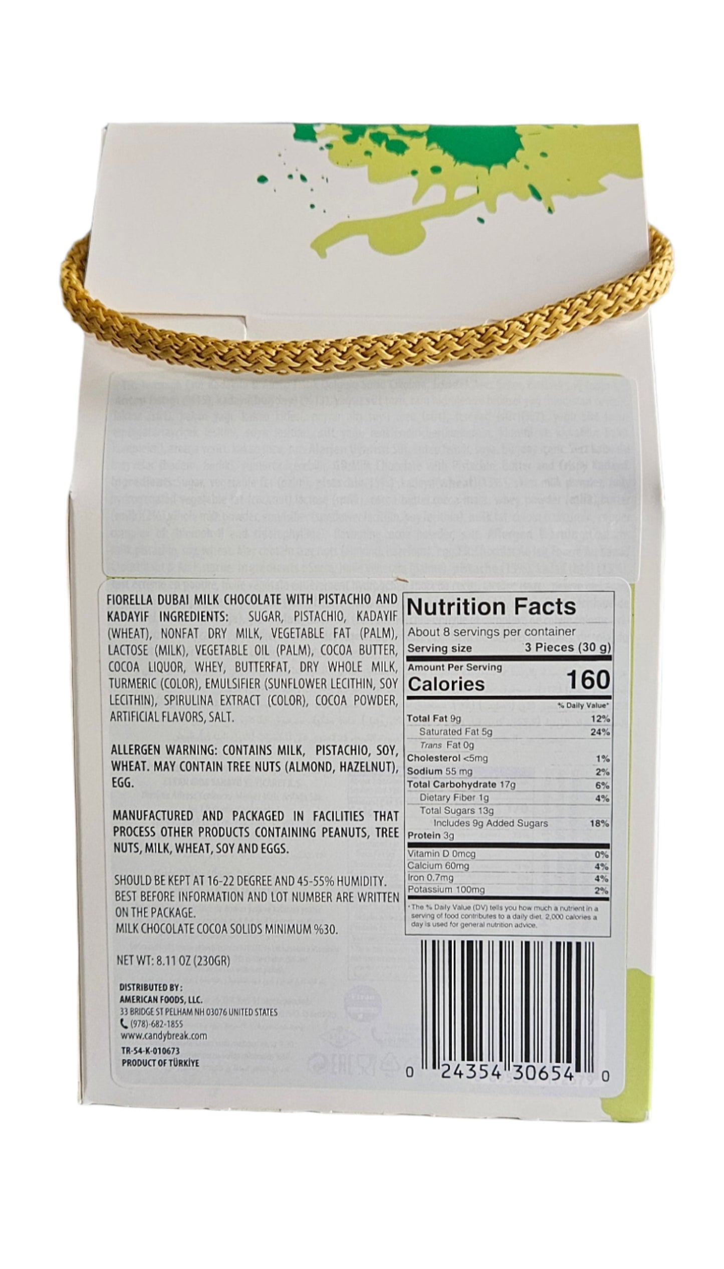 Fiorella Dubai Milk Chocolate Pistachio and Kataifi Yarn Box 230gr x 18 - 1100016119