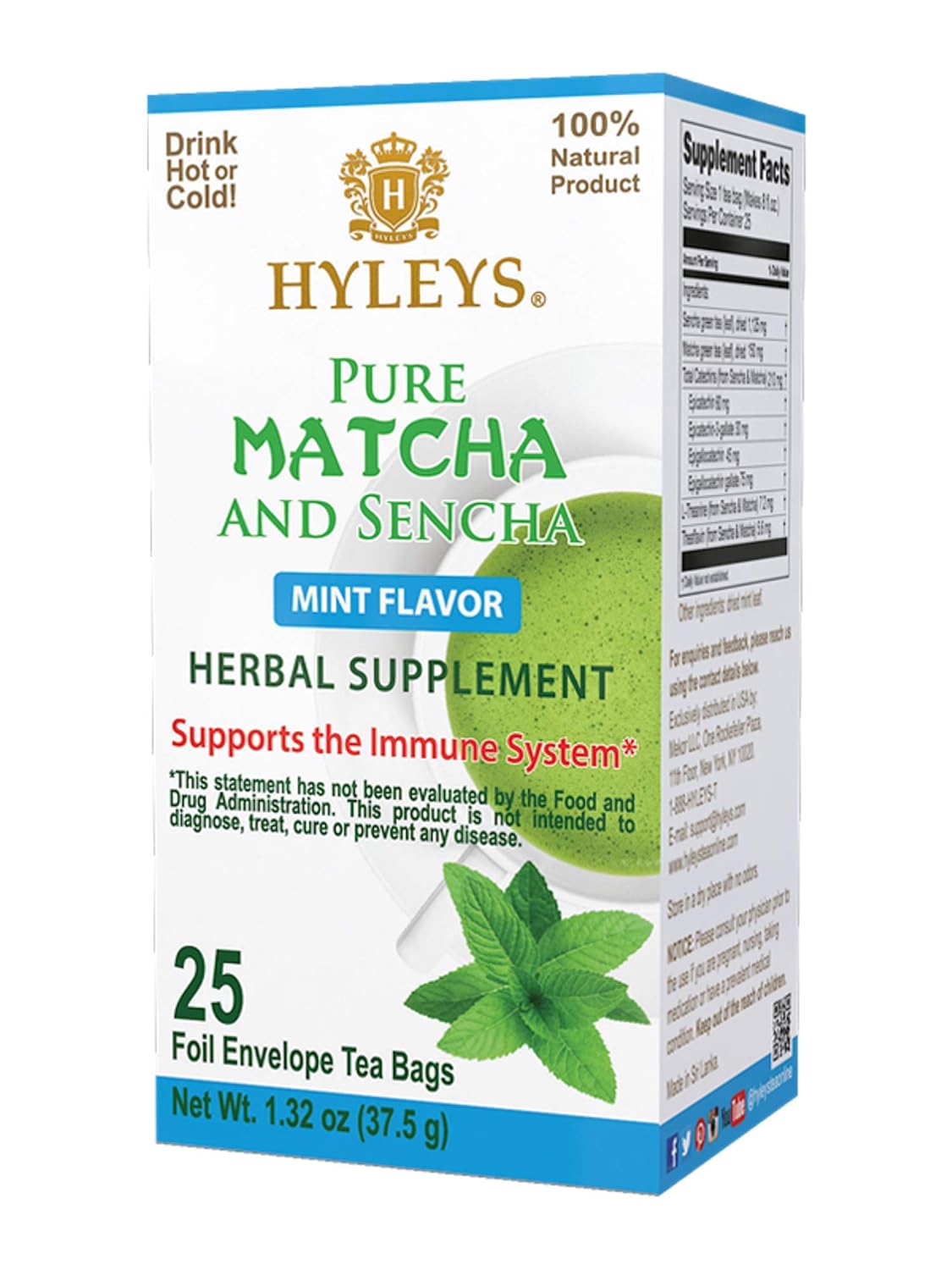 HYLEYS WELLNESS TEA MATCHA & MINT 1.32oz X 25pc X 12/CS - HY22