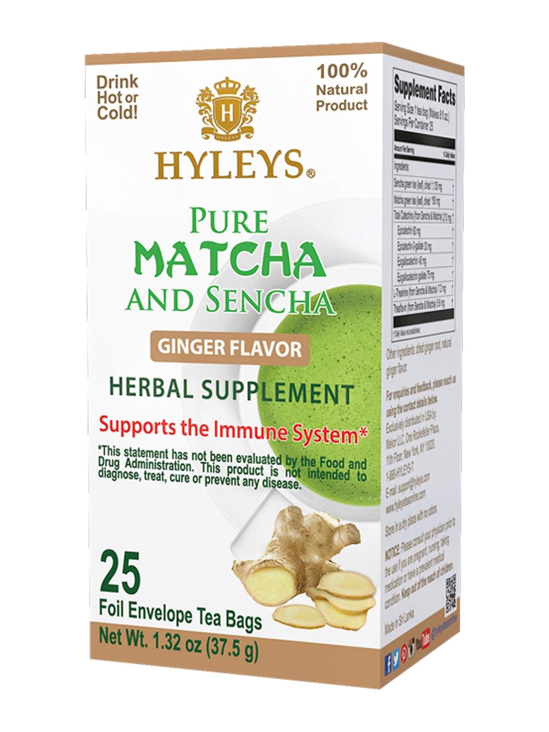 HYLEYS WELLNESS TEA MATCHA & GINGER 1.32oz X 25pc X 12/CS - HY23