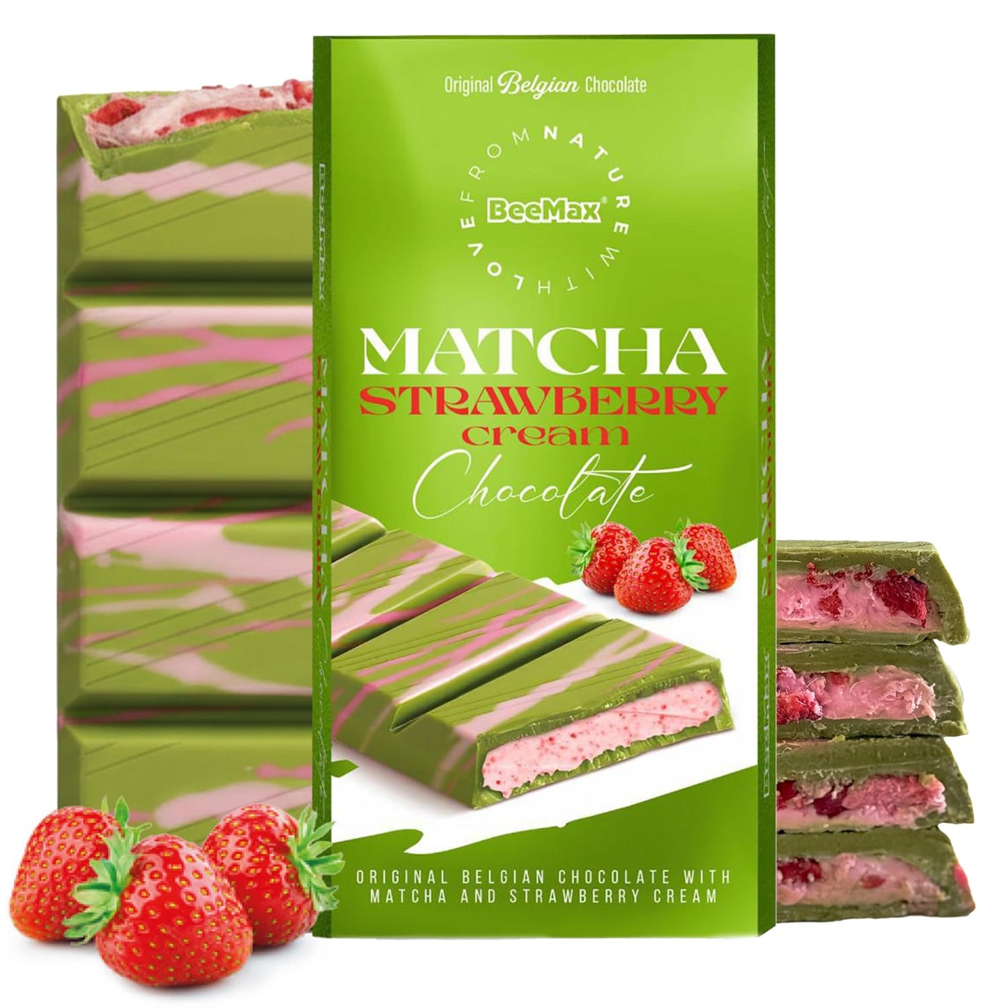 Beemax Matcha Strawberry Cream Bar Chocolate Bar - 3.36 oz Bar 2002