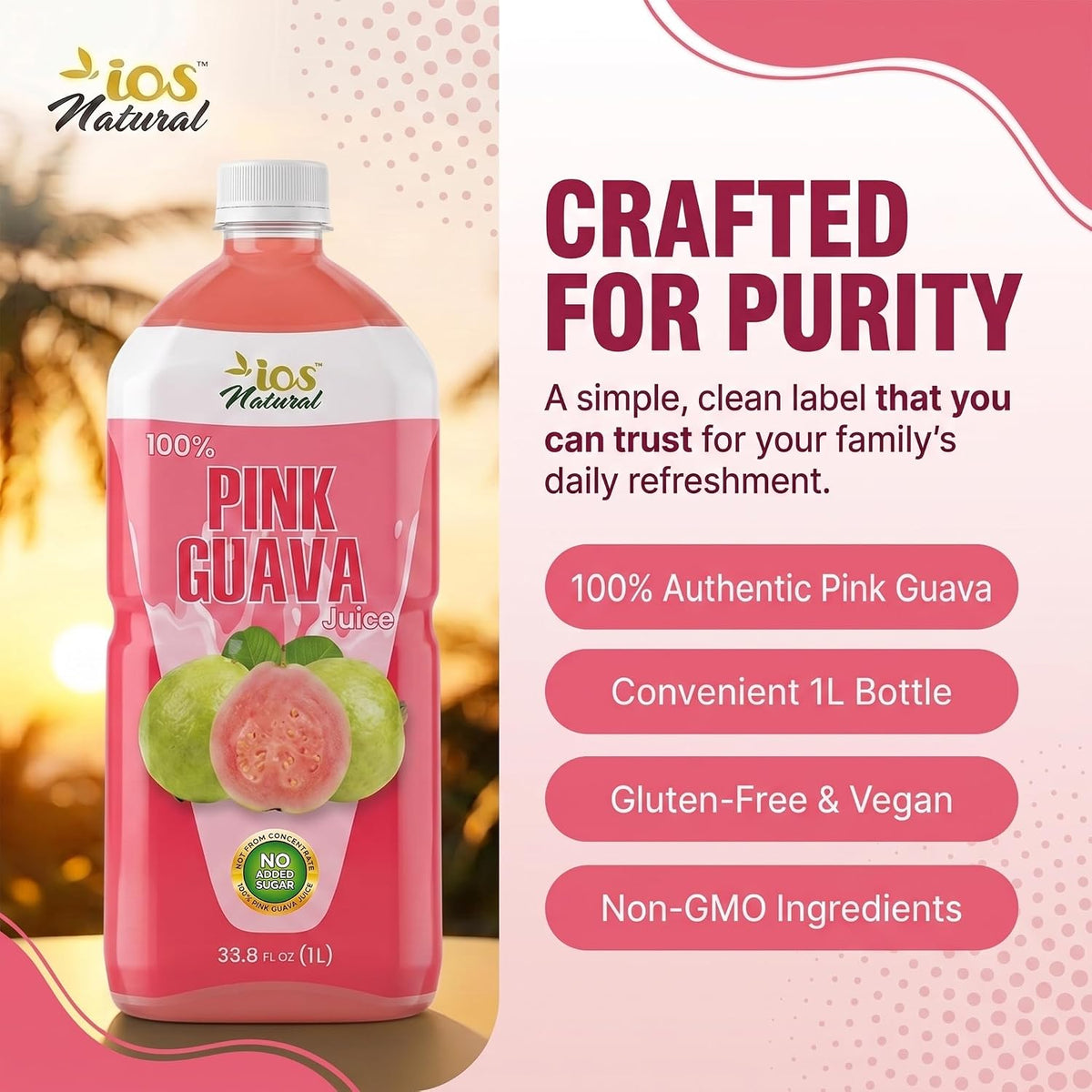 IOS Naturals 100% Pink Guava Juice 33.8 fl oz X 12