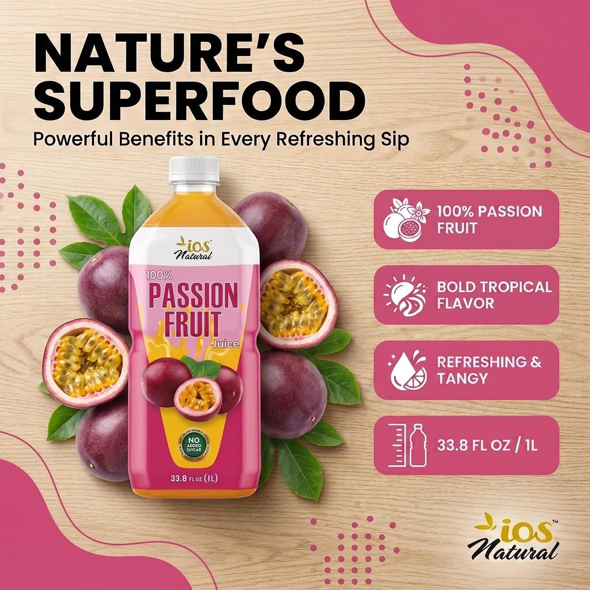 IOS Naturals 100% Passion Fruit Juice 33.8 fl oz X 12