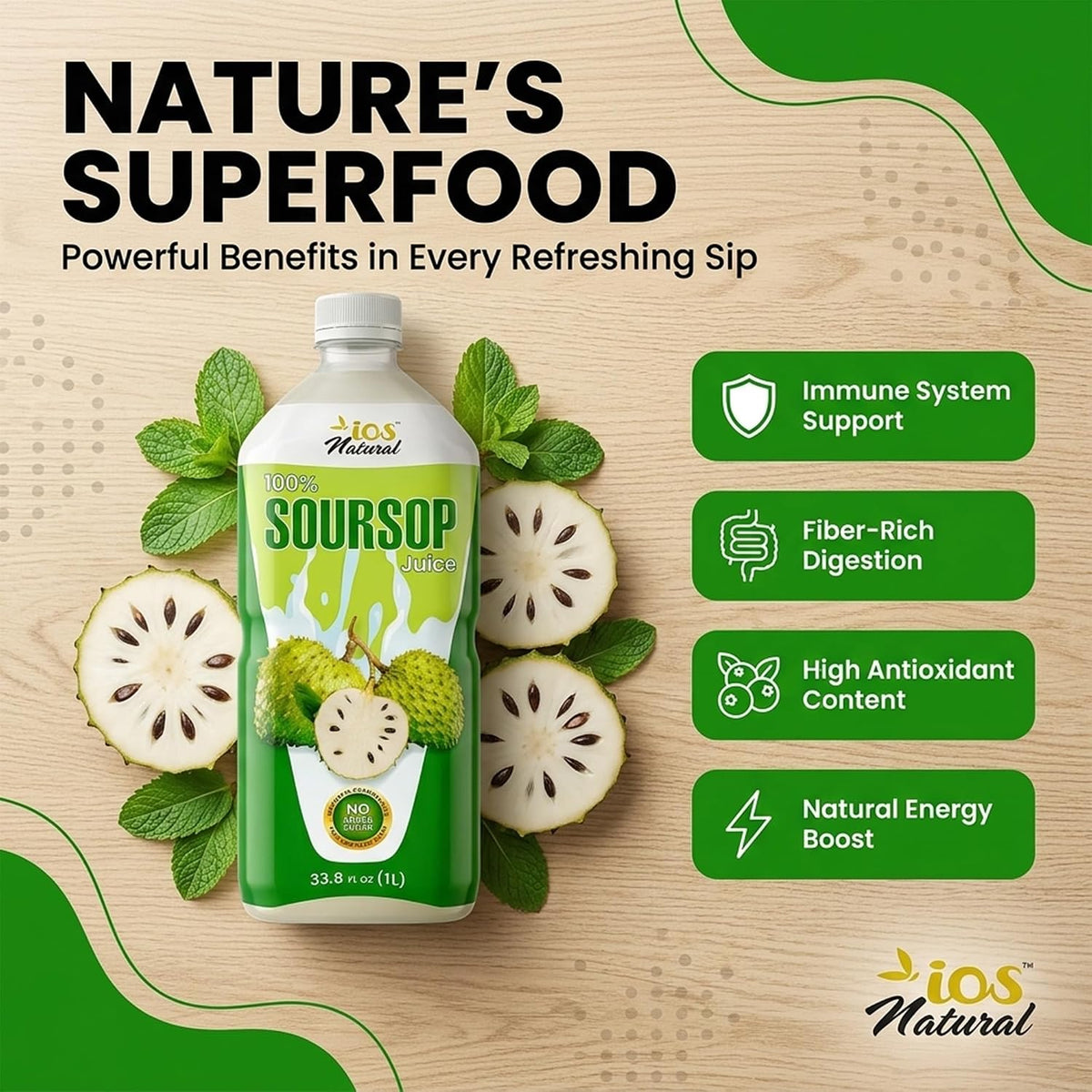IOS Naturals 100% Soursop Juice 33.8 fl oz X 12