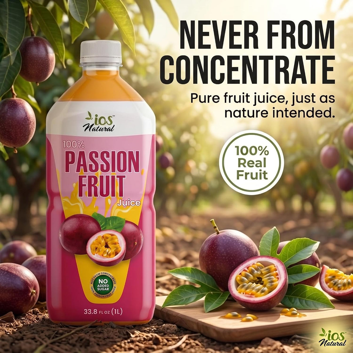 IOS Naturals 100% Passion Fruit Juice 33.8 fl oz X 12