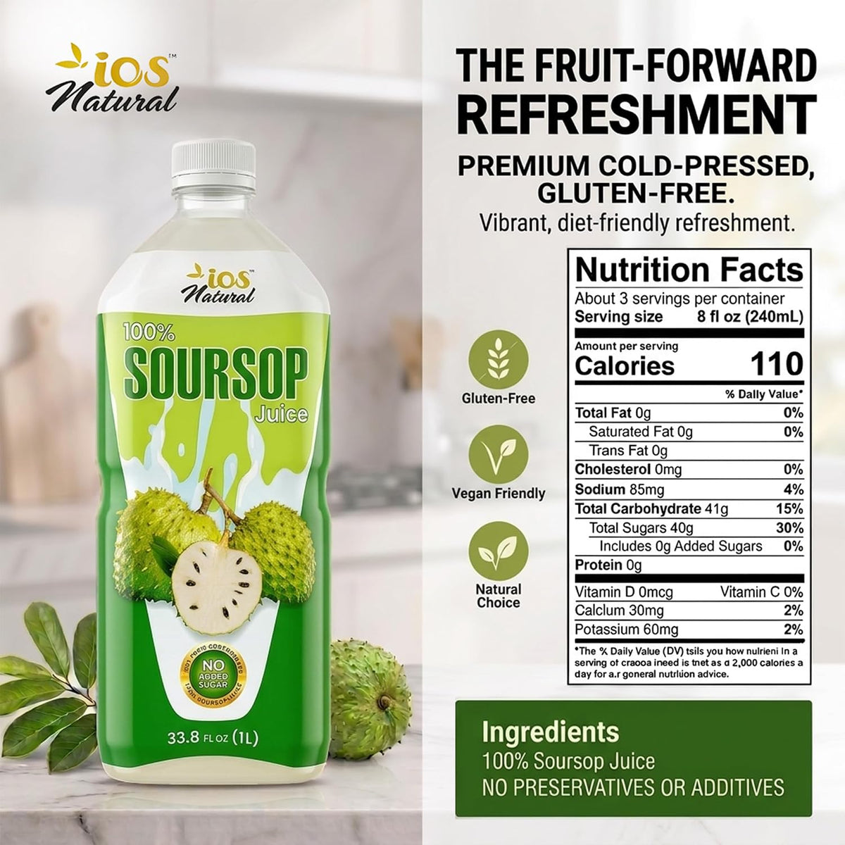 IOS Naturals 100% Soursop Juice 33.8 fl oz X 12