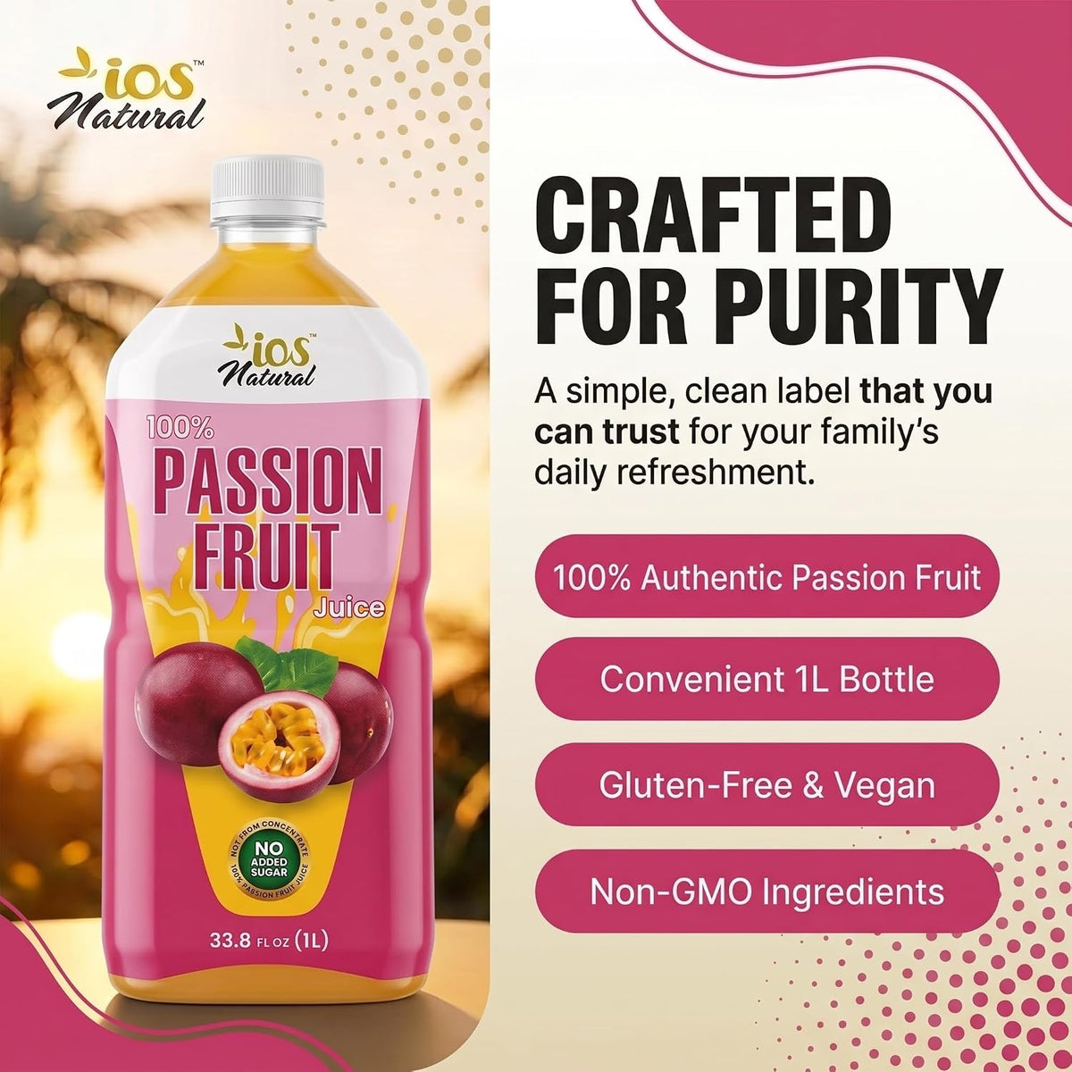 IOS Naturals 100% Passion Fruit Juice 33.8 fl oz X 12