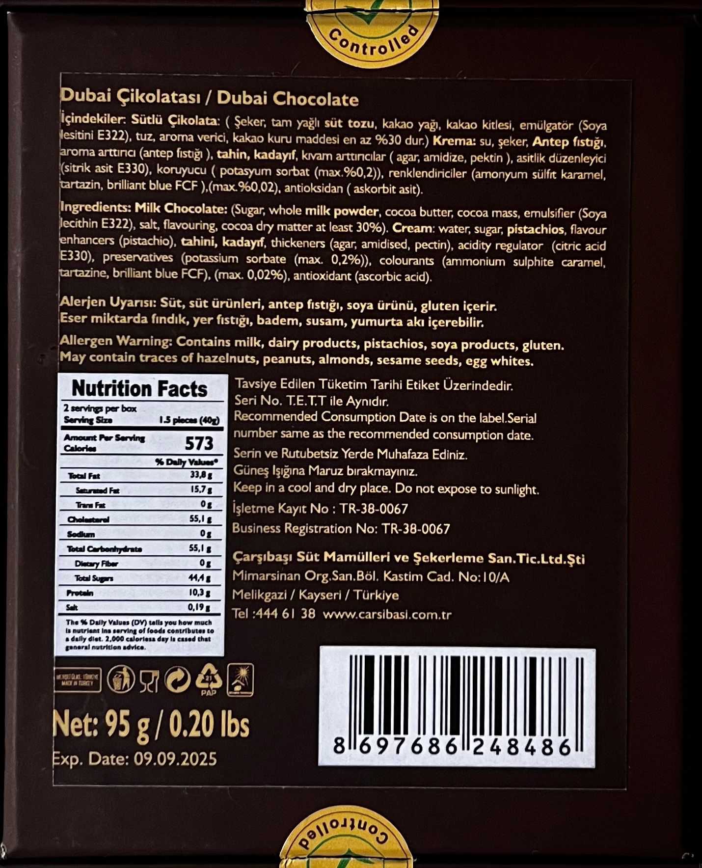 Dubai Chocolate Bar, Pistachios-Kataifi, 95gr/3.35oz - CB1001