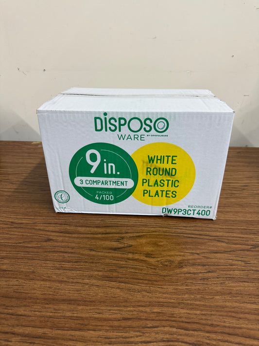 9" 3 Compartment PS Plastic Plates Packed 4/100
