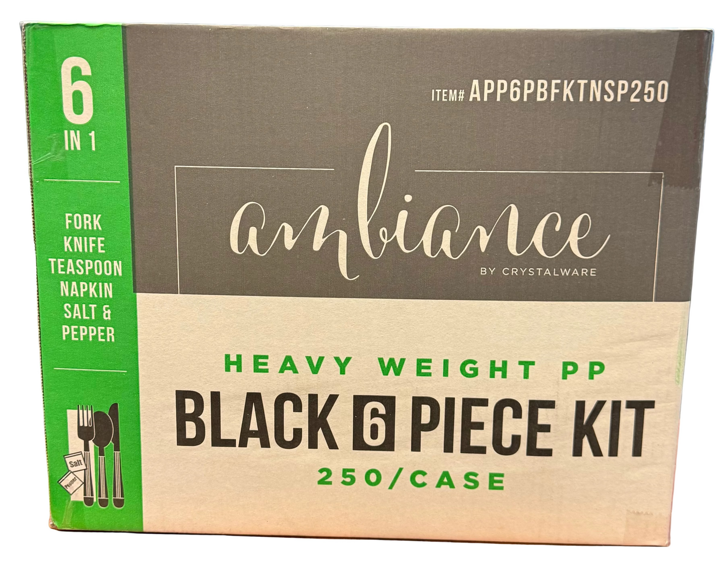 Black Ambiance 6pc Kit, Fork, Knife, Teaspoon, Napkin, S&P, Heavy ~ 250/Case