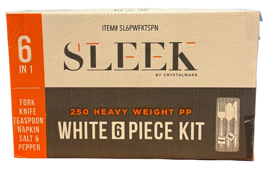 Sleek PP White Kit - Fork, Knife, Teaspoon, Napkin, S&P, Heavy ~ 250/Case