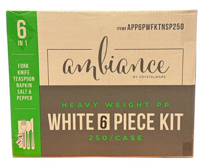 White Ambiance 6pc Kit, Fork, Knife, Teaspoon, Napkin, S&P, Heavy ~ 250/Case