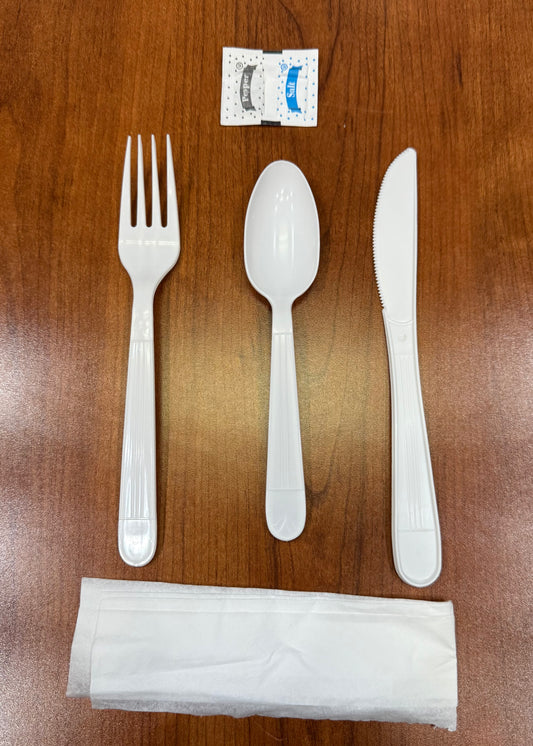 White Ambiance 6pc Kit, Fork, Knife, Teaspoon, Napkin, S&P, Heavy ~ 250/Case