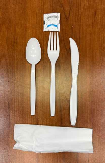 Sleek PP White Kit - Fork, Knife, Teaspoon, Napkin, S&P, Heavy ~ 250/Case