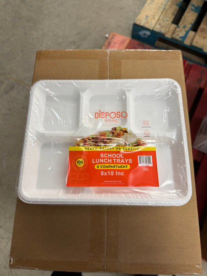 8x10" 5-Compartment PS Plastic School Tray, Packed 4/100