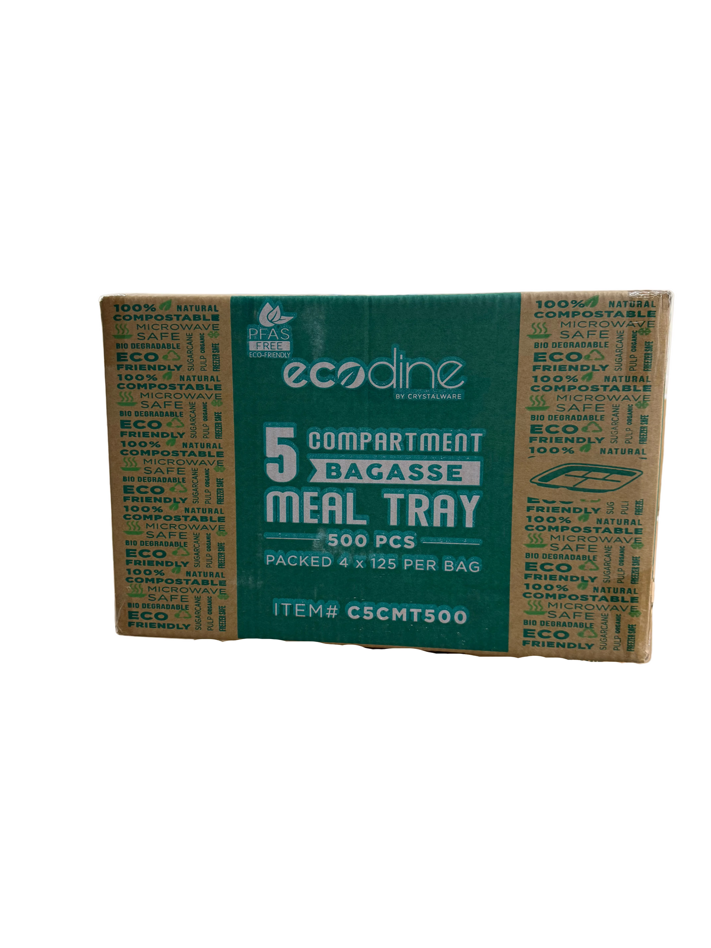 5 compartment compostable big meal tray (bagasse/sugar cane), Packed 4 X 125 (500)