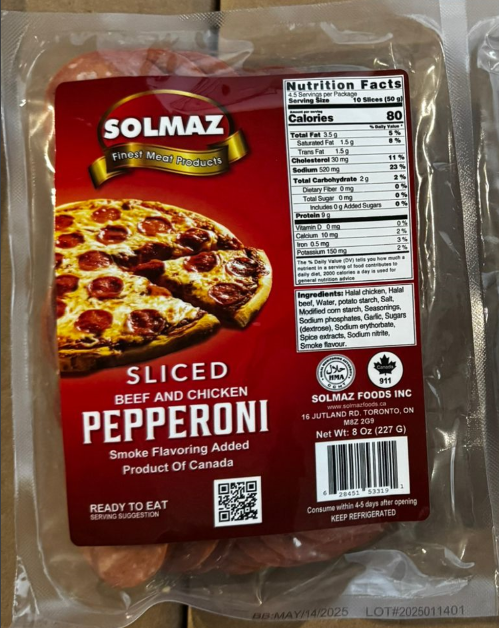 SOLMAZ SLICED PEPPRONI (HALAL) 8 OZ (227GR) X 10pcs - U12119