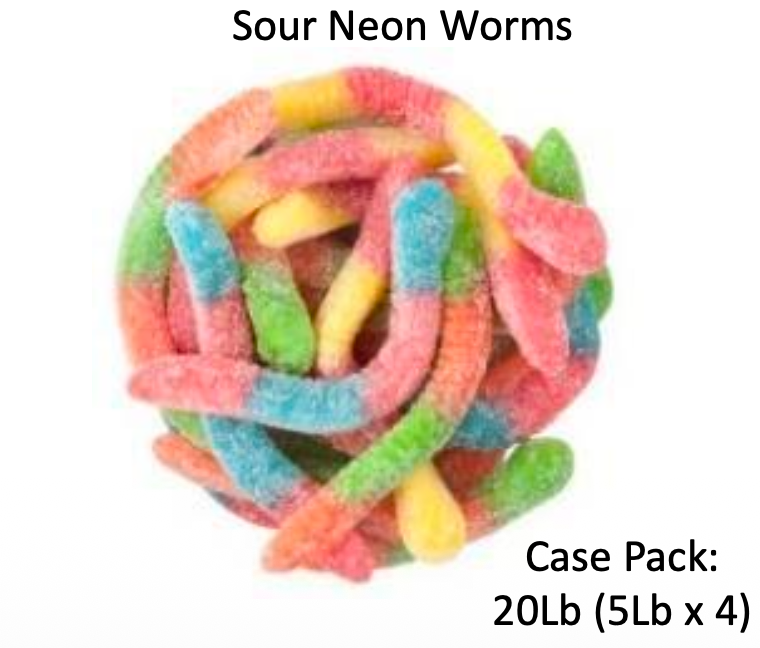 YAY FUN Bulk Gummy Sour Neon Worms  5lbs. X 4Pcs