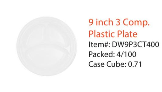 9" 3 Compartment PS Plastic Plates Packed 4/100
