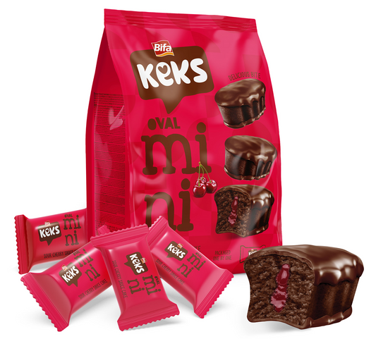 BIFA KEKS MINI OVAL CACAO COATED CHERRY SAUCED FILLED CACAO CAKE 180GR x 16pc - BIF04