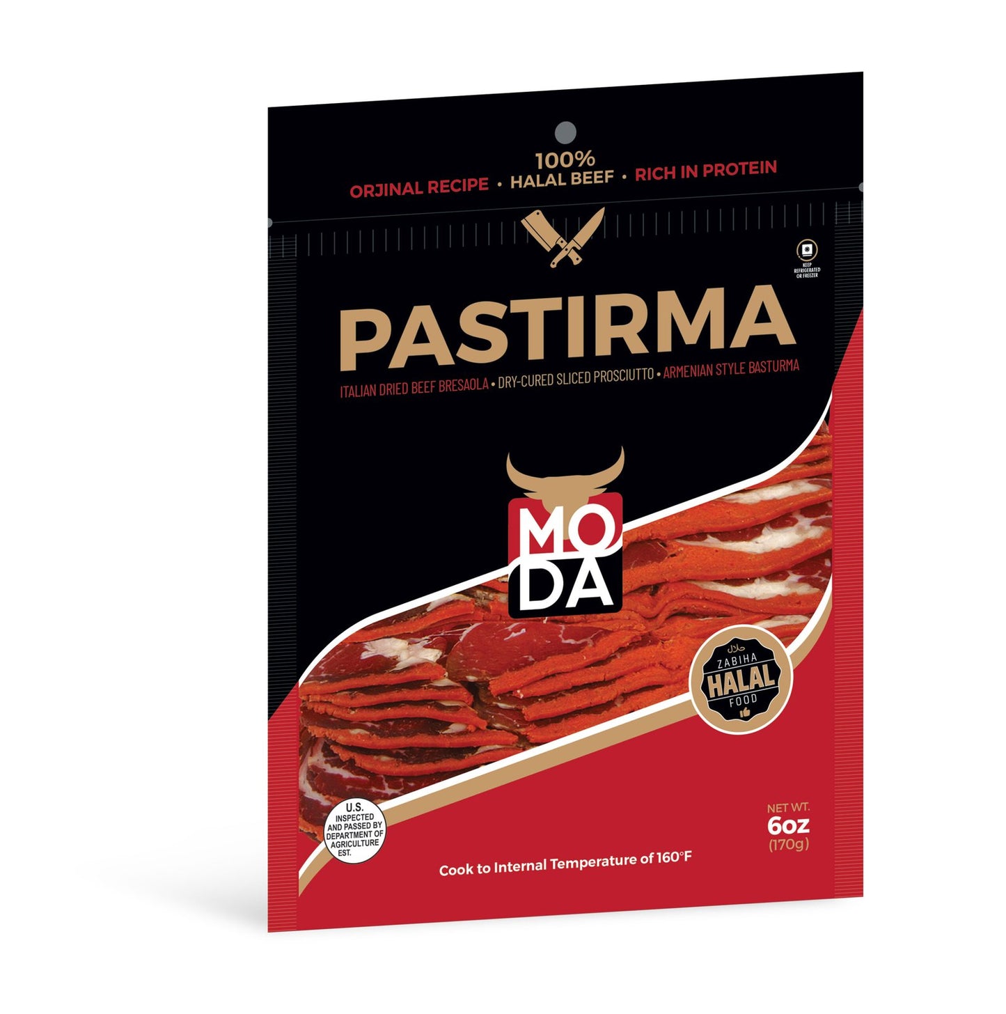 Moda Pastirma, Cured Dried Beef Pastrami, Pre-Sliced, 6oz (170g) x 24pack - 101621