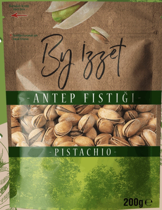 BY IZZET ANTEP PISTACHIO ROASTED AND SALTED (120-125pcs/100gr) 200grX16/CS - APS209