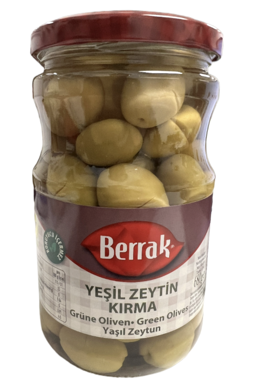 BERRAK Scratched Green Olives/Kirma 720 ml Glass - 1cs/12pcs