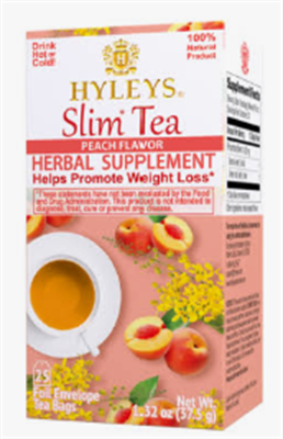 Hyleys Slim Tea Peach Flavor 1.32oz (37.5 g) , 25 Tea Bags x 12 pcs (Kosher)